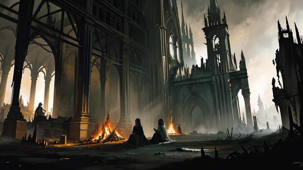 Dark art, dark fantasy art, deep lighting, dark lighting, (((night))), dark sky, highly detailed shadows, small group of travellers sits behind bonfire, massive ruins, abandoned ruins, highly detailed art, highly detailed