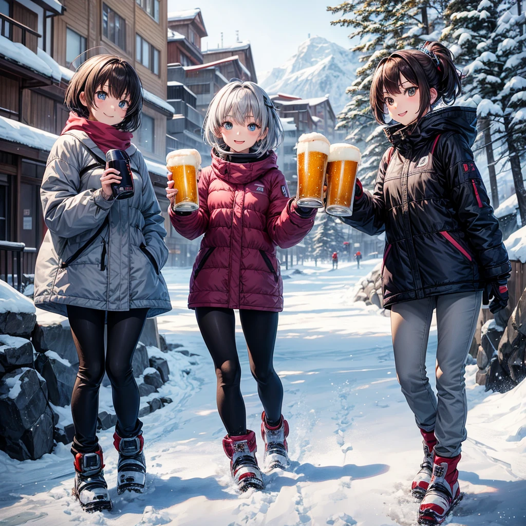 anime, Tabletop, Highest quality, 8k_wallpaper, Beautiful Eyes、Cute girl、Grey outerwear、Grey trousers、smile、Brown short hair、Ski resort on a sunny day、Doing snowboarding、Holding a beer in hand