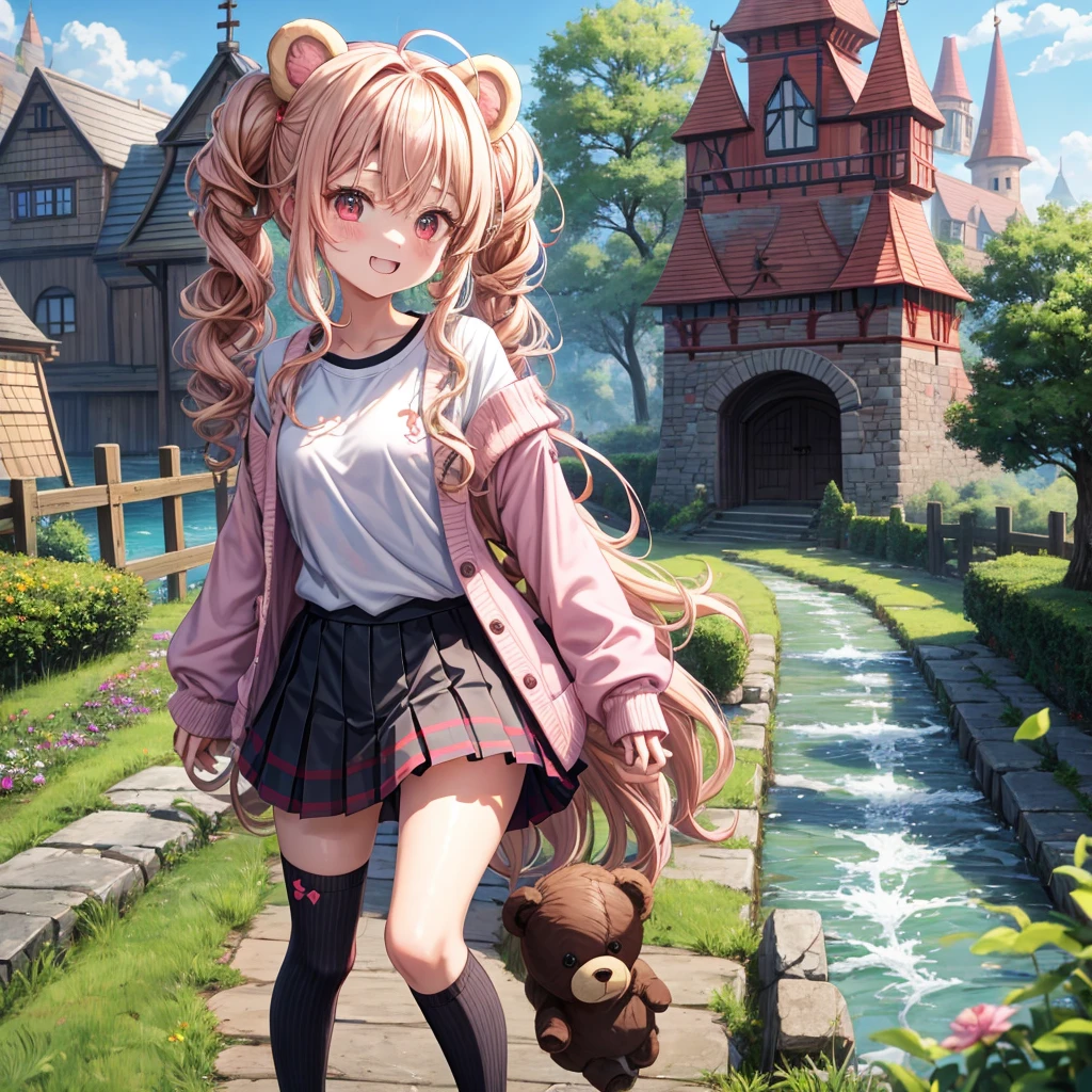 Pink Blonde、Red eyes、Wavy Hair、Hair tied up、Two cute、Checked mini skirt、black t-shirts、cardigan、Knee-high socks、bear ears baseball cap、Teeth are visible、Monster Castle、Tilting face、windmill、grass、Stones are growing out of the ground.、Holding hands with a teddy bear、In front of the city gates、Underground tunnels、Waterway、Wooden bridge