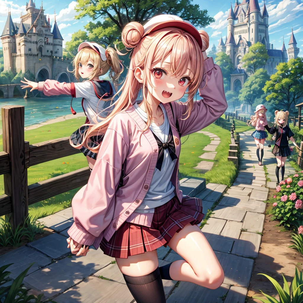 Pink Blonde、Red eyes、Wavy Hair、Hair tied up、Two cute、Checked mini skirt、black t-shirts、cardigan、Knee-high socks、bear ears baseball cap、Teeth are visible、Monster Castle、Tilting face、windmill、grass、Stones are growing out of the ground.、Holding hands with a teddy bear、In front of the city gates、Underground tunnels、Waterway、Wooden bridge