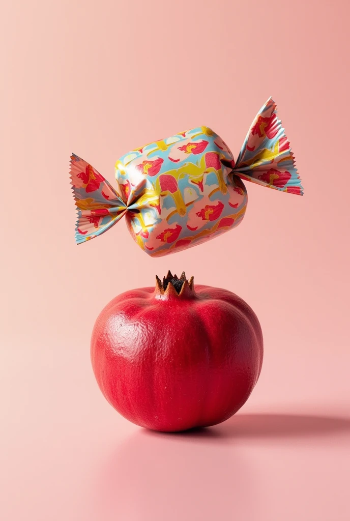 Create a half sweet candy wrapper image, bala) and half a pomegranate fruit