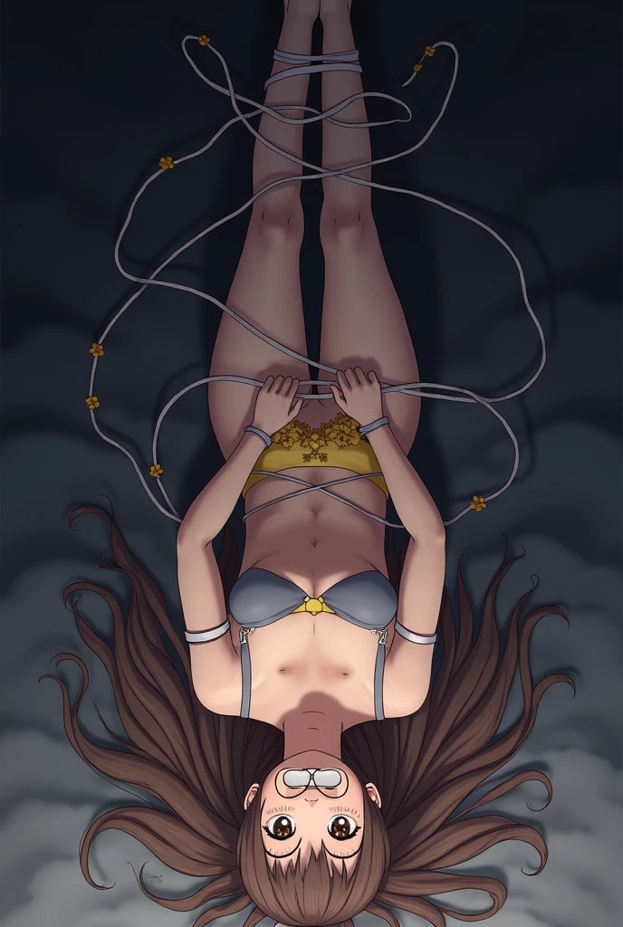 sekijou sawako, shibari, brown eyes, bondage, bound upside, brown hair, long hair, circle eye glasses, stripped, best quality, ultra-detailed, high resolution, extremely detailed cg, unity 8k wallpaper, masterpiece, perfect body, anime picture, femsub, BDSM, small flowers design yellow panty, grey bra, small breasts, at night, teary-eyed, gagged with duct tape, whole mouth gag, Sekijou Sawako, tied up her wrist behind her back, tied up ankle together to ceiling, bracing,