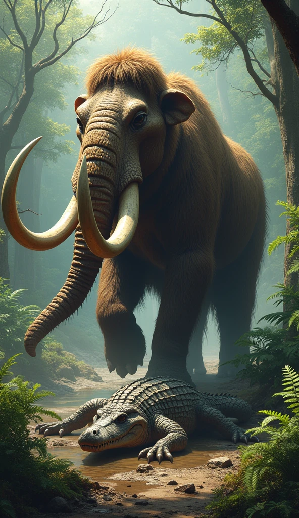 Mammouth standing on a dead crocodile that it fought in a forest
