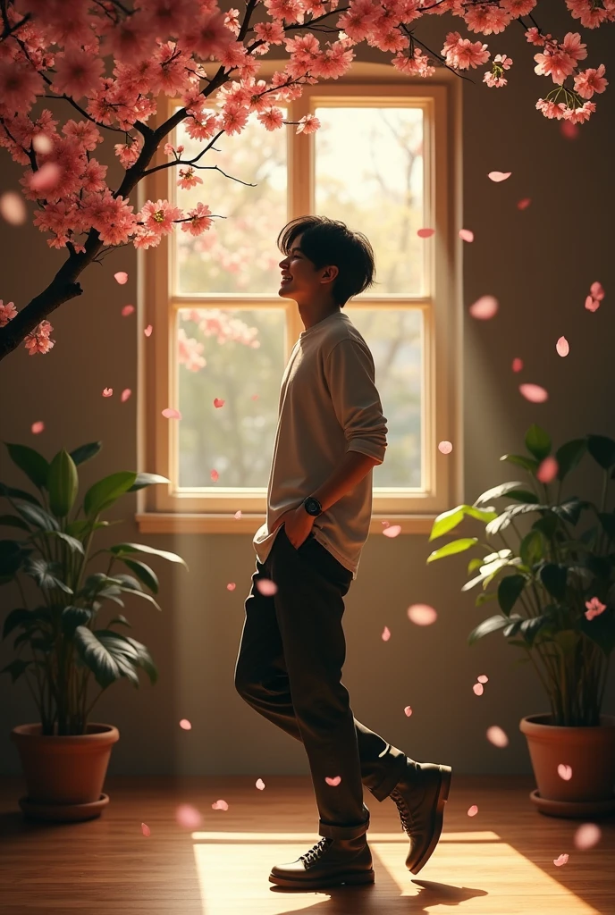 Masterpiece, full body of a dancing man, high quality, Real, photo. A handsome, cool young man with semi-long black hair is singing in a stylish studio with headphones on. He is shaking his hair and singing emotionally. As the lyrics say, may the world be filled with kindness and love. Behind a small window is a tree with beautiful flowers under the moonlight. The petals sway in the wind. Sunshine. High quality