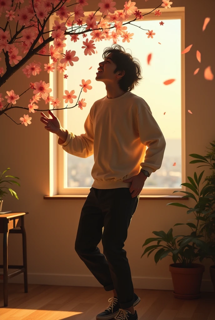 Masterpiece, full body of a dancing man, high quality, Real, photo. A handsome, cool young man with semi-long black hair is singing in a stylish studio with headphones on. He is shaking his hair and singing emotionally. As the lyrics say, may the world be filled with kindness and love. Behind a small window is a tree with beautiful flowers under the moonlight. The petals sway in the wind. Sunshine. High quality