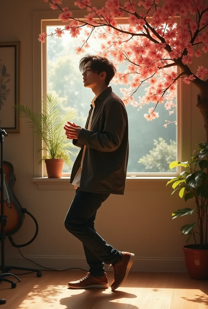 Masterpiece, full body of a dancing man, high quality, Real, photo. A handsome, cool young man with semi-long black hair is singing in a stylish studio with headphones on. He is shaking his hair and singing emotionally. As the lyrics say, may the world be filled with kindness and love. Behind a small window is a tree with beautiful flowers under the moonlight. The petals sway in the wind. Sunshine. High quality