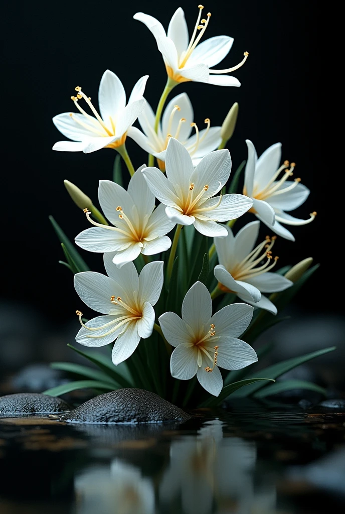 2D handicraft artwork, white flowers, 6 long, slender petals, many flowers, black water background