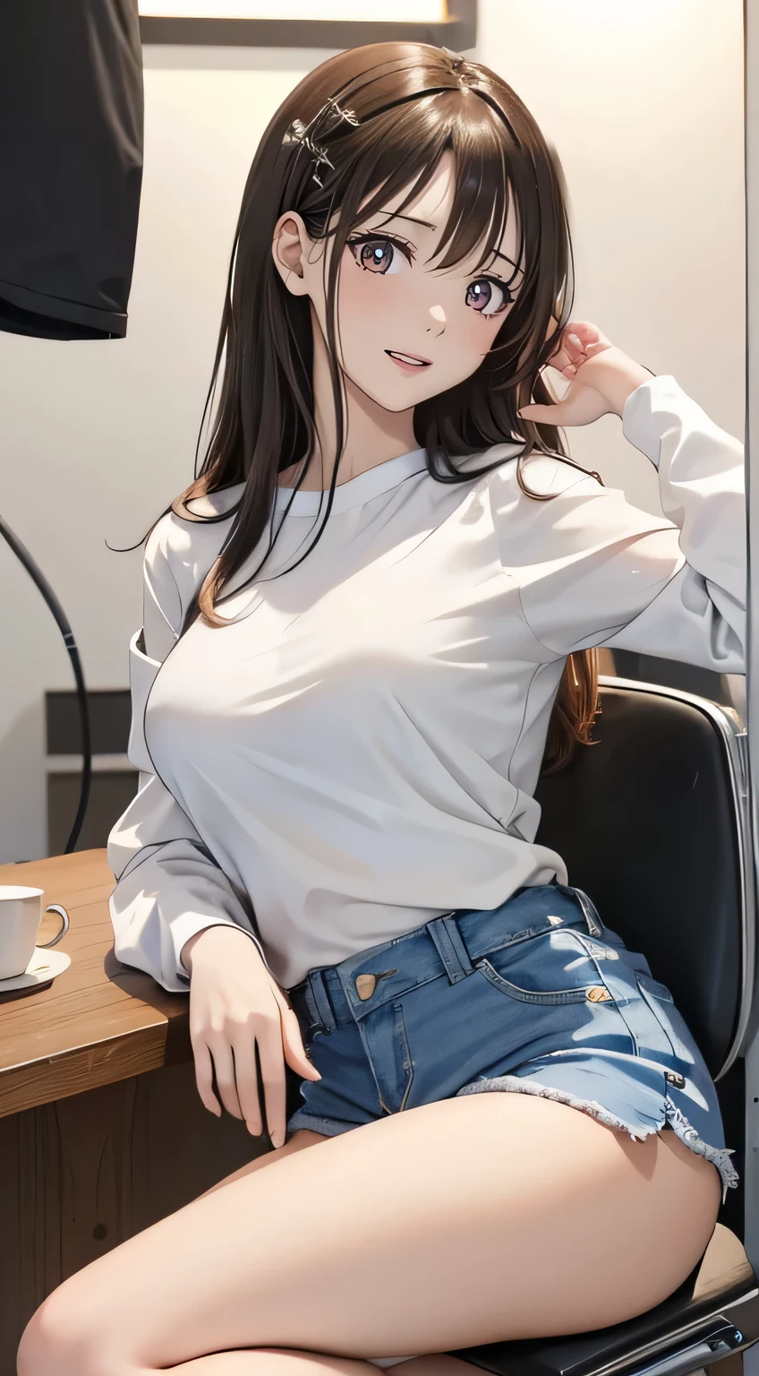 young woman with long dark hair, (Ample breasts). He is wearing a short-sleeved white T-shirt and denim shorts, Sitting on a chair in a TV studio. ((She answers in an interview))。smile、The camera is taking a profile shot. Studio lighting can be seen in the background.