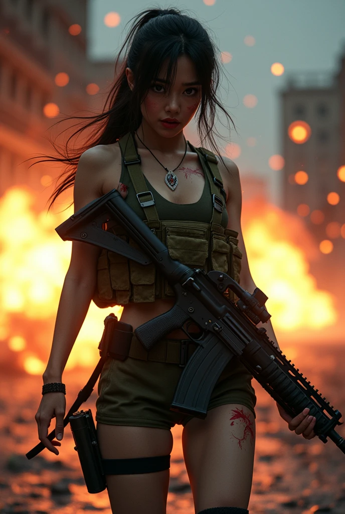 Photo-realistic, ultra-realistic, (very beautiful Japanese, famous Japanese idol:1.3), (Fully equipped for battle:1.5), large assault rifle on her back, (amazing view of multiple explosions:1), (painful impressions, crying:1.3), (wearing an army soldier's Camouflage outfits with military helmet:1.5), (Being blown away by the massive blast:1.5), (at a battle field of Abandoned Building at night), very large breasts, (tactical vest, military harness:1.3), (military long boots:1), dynamic angle, spectacular, (injured:1.3), (muddied, damaged wears, damaged body:1.3),