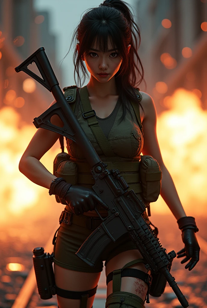 Photo-realistic, ultra-realistic, (very beautiful Japanese, famous Japanese idol:1.3), (Fully equipped for battle:1.5), large assault rifle on her back, (amazing view of multiple explosions:1), (painful impressions, crying:1.3), (wearing an army soldier's Camouflage outfits with military helmet:1.5), (Being blown away by the massive blast:1.5), (at a battle field of Abandoned Building at night), very large breasts, (tactical vest, military harness:1.3), (military long boots:1), dynamic angle, spectacular, (injured:1.3), (muddied, damaged wears, damaged body:1.3),