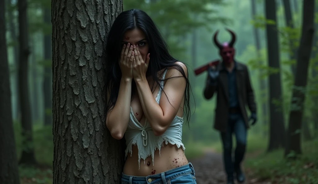 ultra realistic, photography, long black straight hair, messy hair, (30 years old, hazel eyes, hourglass figure, perfect fit body, natural big breasts), femme fatale, she is wearing a very ripped and torn blouse with a plunging neckline, pushed down over her right shoulder, blood is on her blouse, she got cuts and scratches, there are bloodstains on her blue jeans, her sneakers are dirty, she is hiding in the woods, standing behind a huge tree, she is leaning against the tree, she looks very scared, she covers her mouth with her hands, a guy with a devils mask and a bloody machete is approaching behind her tree, he is looking around, extreme wide angle