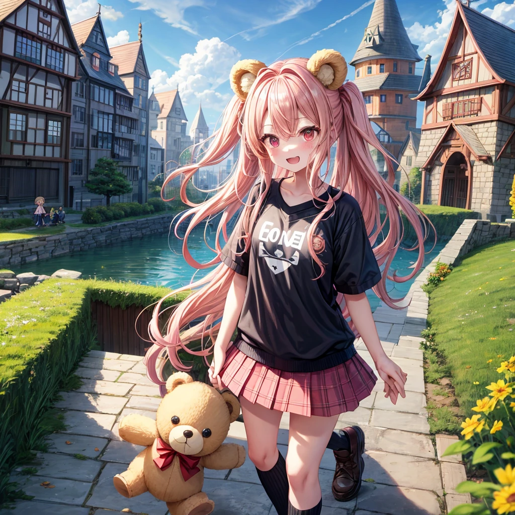 Pink Blonde、Red eyes、Wavy Hair、Hair tied up、Two cute、Checked mini skirt、black t-shirts、cardigan、Knee-high socks、bear ears baseball cap、Teeth are visible、Monster Castle、Tilting face、windmill、grass、Stones are growing out of the ground.、Holding hands with a teddy bear、In front of the city gates、Underground tunnels、Waterway、Wooden bridge