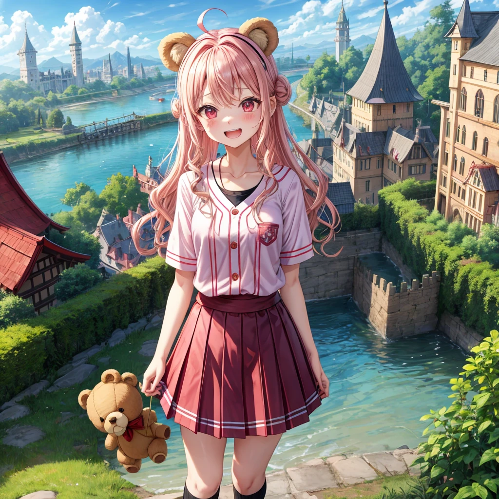 Pink Blonde、Red eyes、Wavy Hair、Hair tied up、Two cute、Checked mini skirt、black t-shirts、cardigan、Knee-high socks、bear ears baseball cap、Teeth are visible、Monster Castle、Tilting face、windmill、grass、Stones are growing out of the ground.、Holding hands with a teddy bear、In front of the city gates、Underground tunnels、Waterway、Wooden bridge
