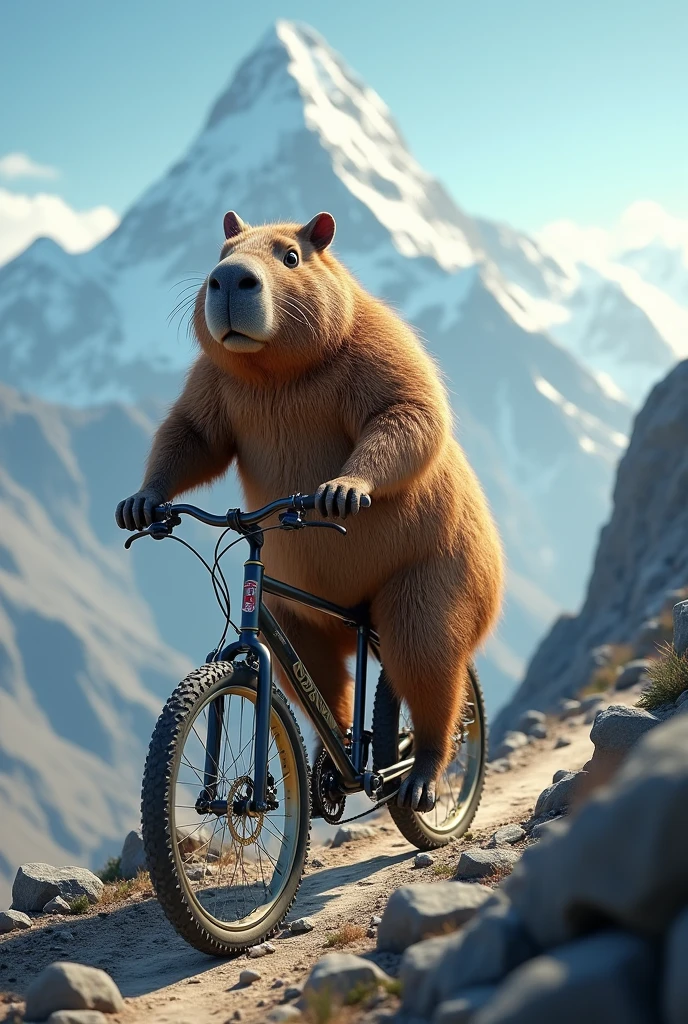 Capybara riding a bike on Mount Everest