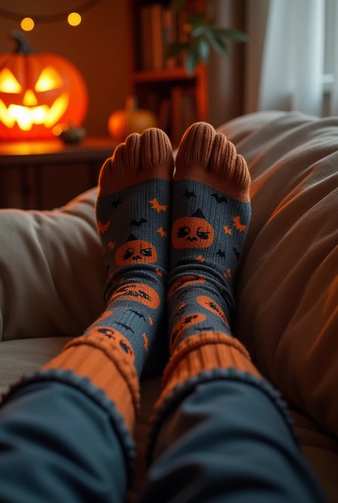 (photorealism:1.2), woman feet in a couch with longs socks halloween theme