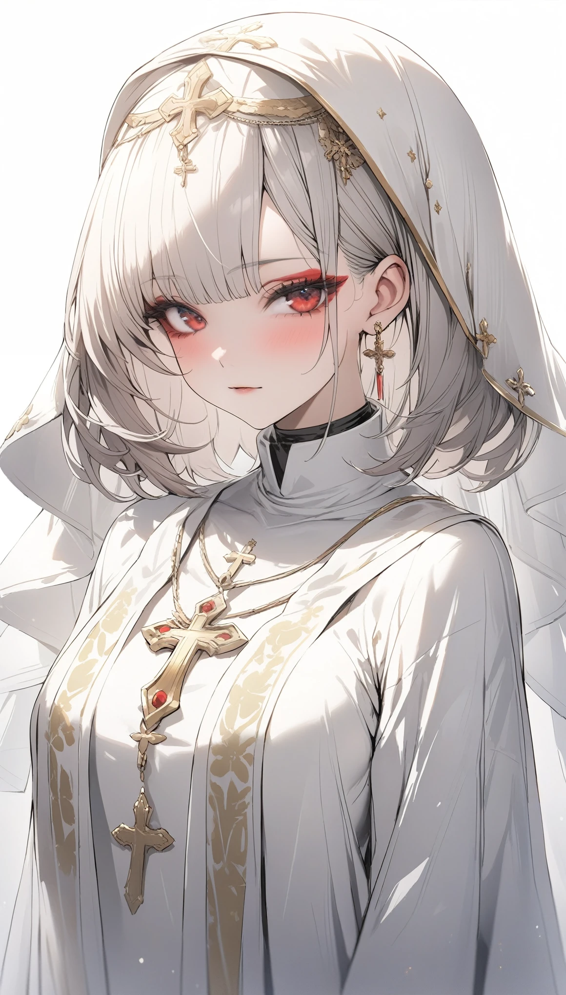 {{masterpiece}}, The best quality of life, 超High resolution, Attention to detail, high quality, High resolution, 最high quality, 4K, 8k,Attention to detail,((Silver fluffy short cut))) 、One person, 1 female、Perfect proportions,((perfect red eyes、Exquisite makeup)) ,((White background))、(((Sister、The Scapular、Monastic uniform、Veil))Expressionless、Cowboy Shot、Watching Me