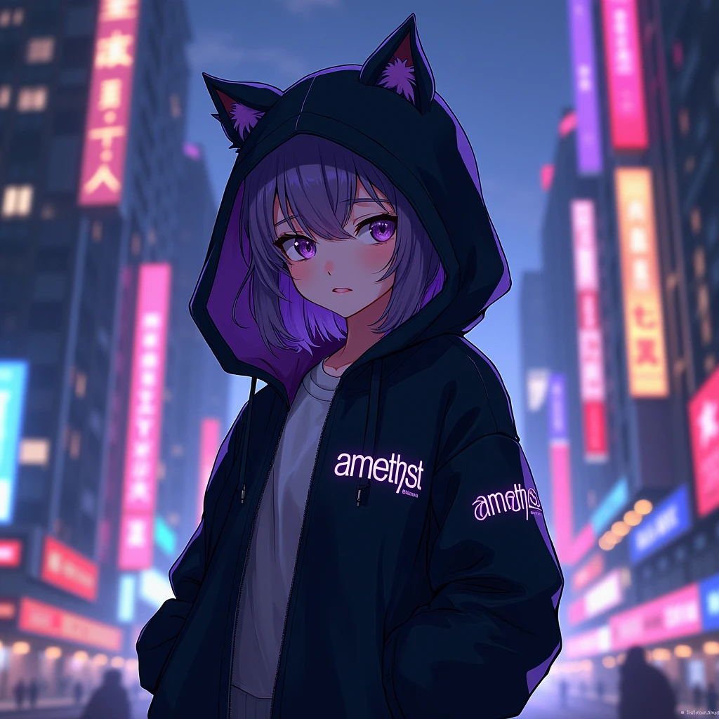 anime girl is wearing black aesthetic jacket with cat ears and with a text "amethyst" on her left part of her clothes, in citylights background,