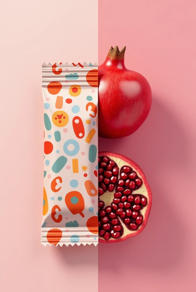 Create a half sweet candy wrapper image, bala) and half a pomegranate fruit