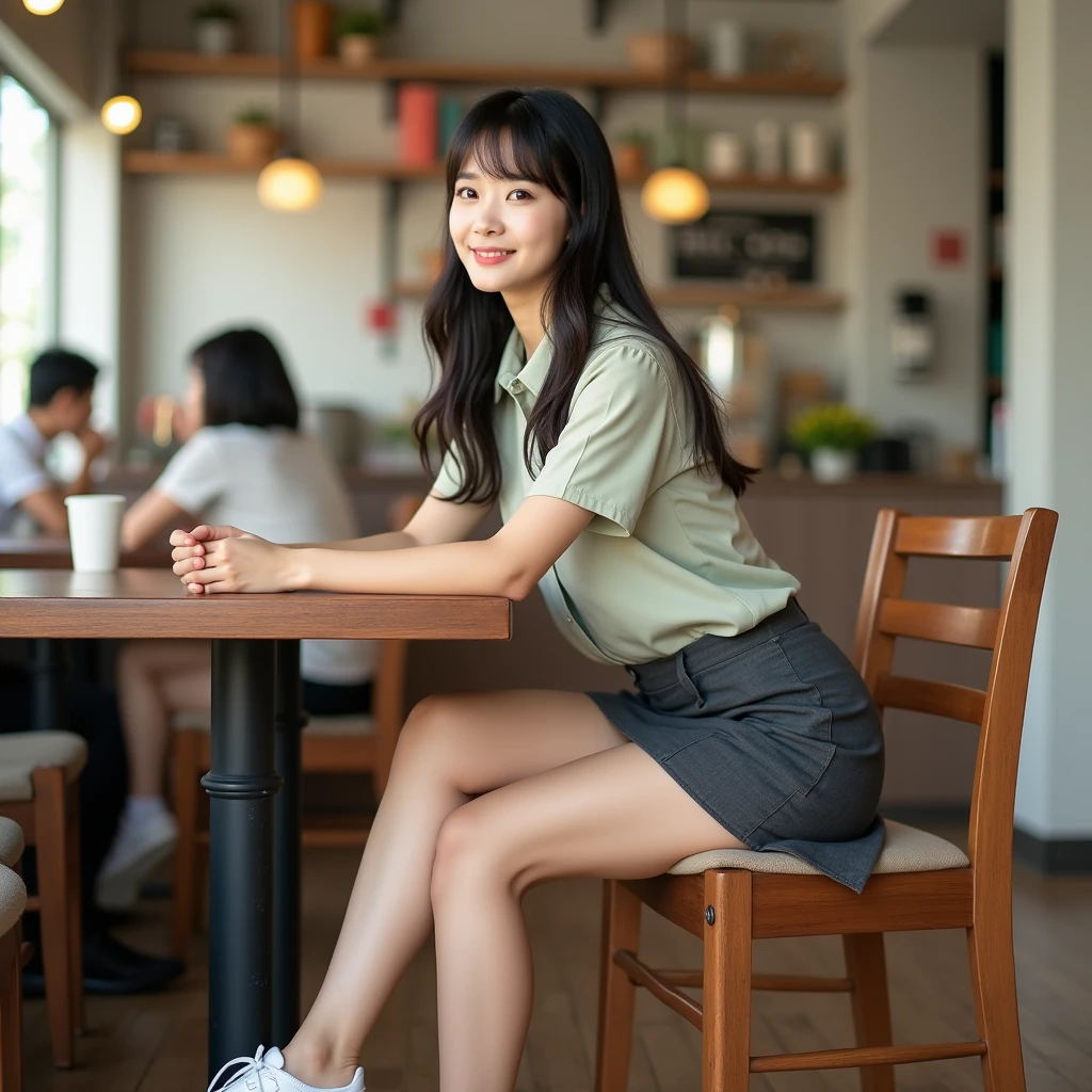 A photo of a Korean woman wearing a uniform and sitting in a cafe. She is 1 and is wearing a short skirt and sneakers. The background contains a few other people and cafe items.