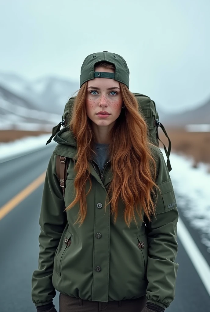 (photorealism:1.2), brunette woman, with freckles and green eyes with long cinnamon-colored hair, He wears a backwards cap with a military design, His athletic body allows him to carry a military green backpack, wanders in the middle of a desolate road in the Arctic wilderness of Alaska 