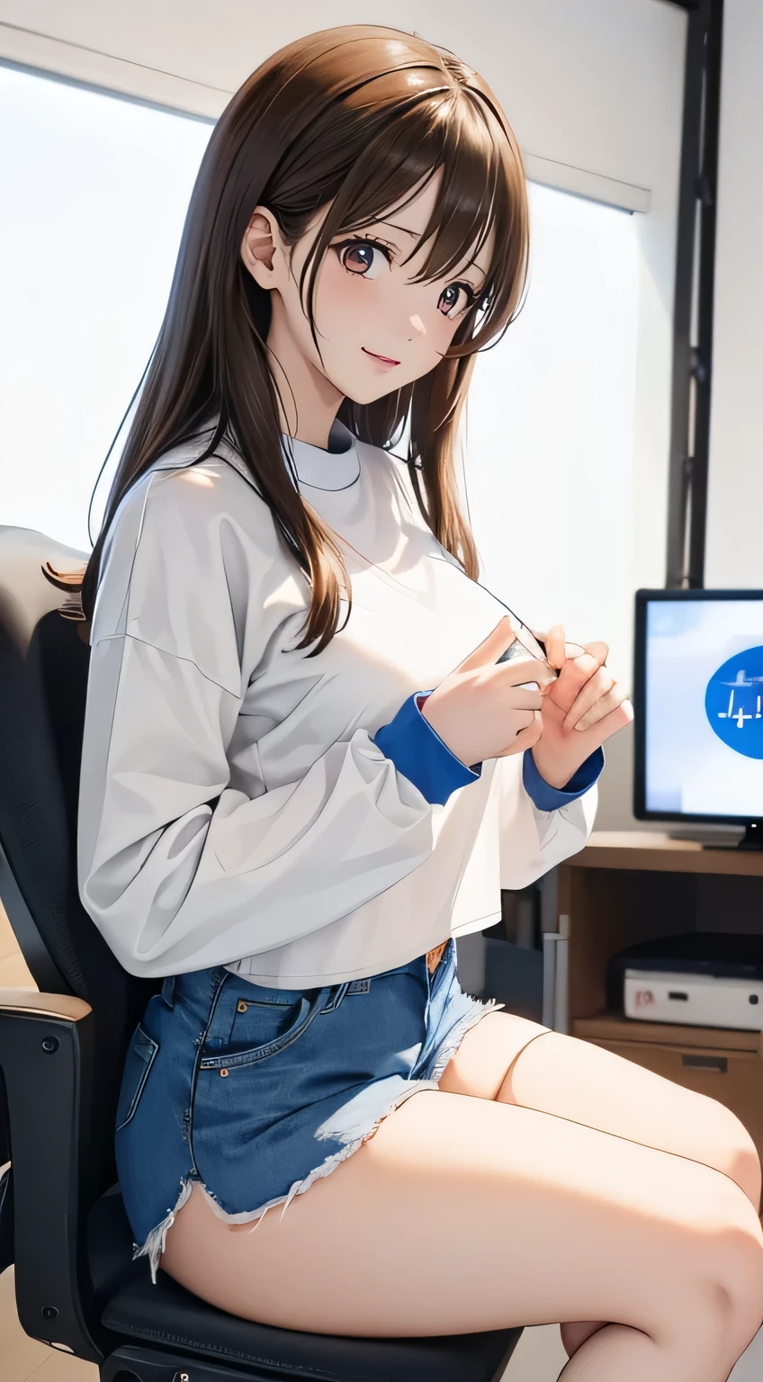 young woman with long dark hair, (Ample breasts). He is wearing a short-sleeved white T-shirt and denim shorts, Sitting on a chair in a TV studio. ((She answers in an interview))。smile、The camera is taking a profile shot. Studio lighting can be seen in the background.