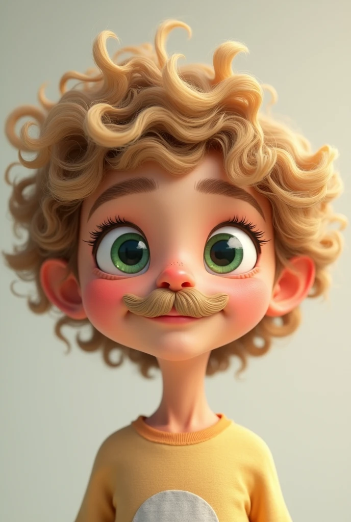 Cute avatar curly hair blond a little brown with gradient , a discreet blond mustache with green eyes