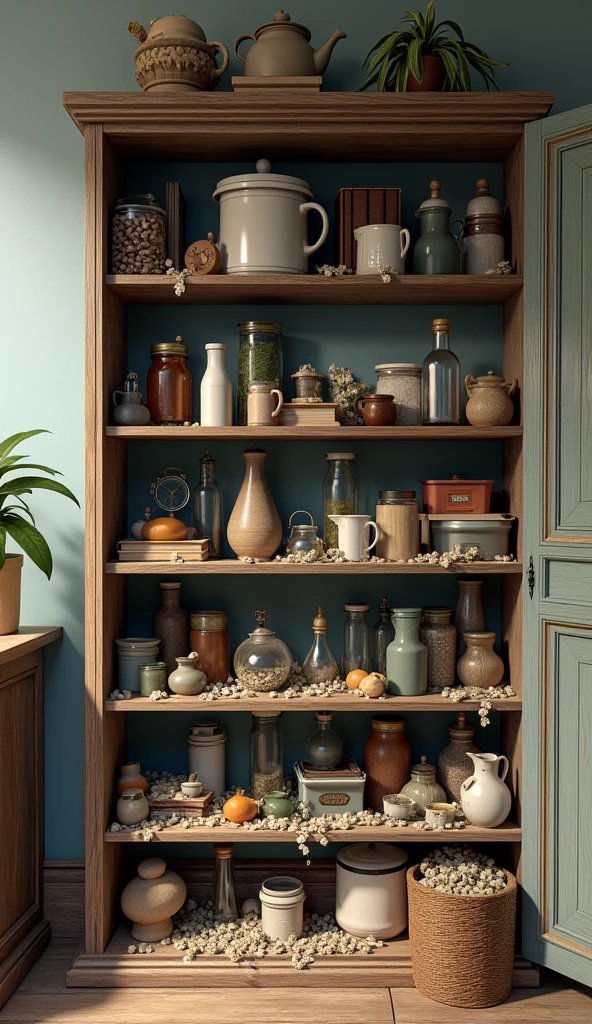 make a realistic picture, asthetic colored cupboard with the door open and the contents messy, side view, wide, full body, 8k super realistic