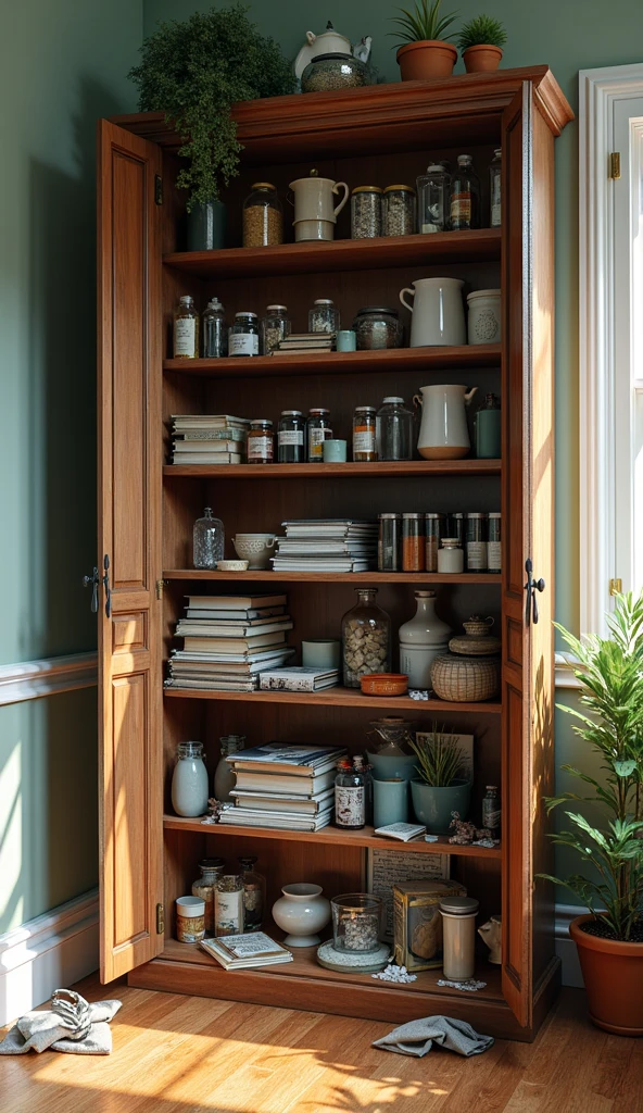 make a realistic picture, asthetic colored cupboard with the door open and the contents messy, side view, wide, full body, 8k super realistic