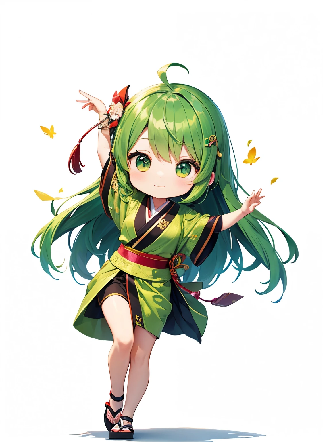 (((Dance Band)))、Chibi character with medium-long green hair、A beautiful depiction using tens of thousands of colors、masterpiece、Ultra HD、super high quality、8k、(((A green-haired chibi character dancing while mixing)))、A delicate and cool sari-style outfit combined with a Japanese festival theme