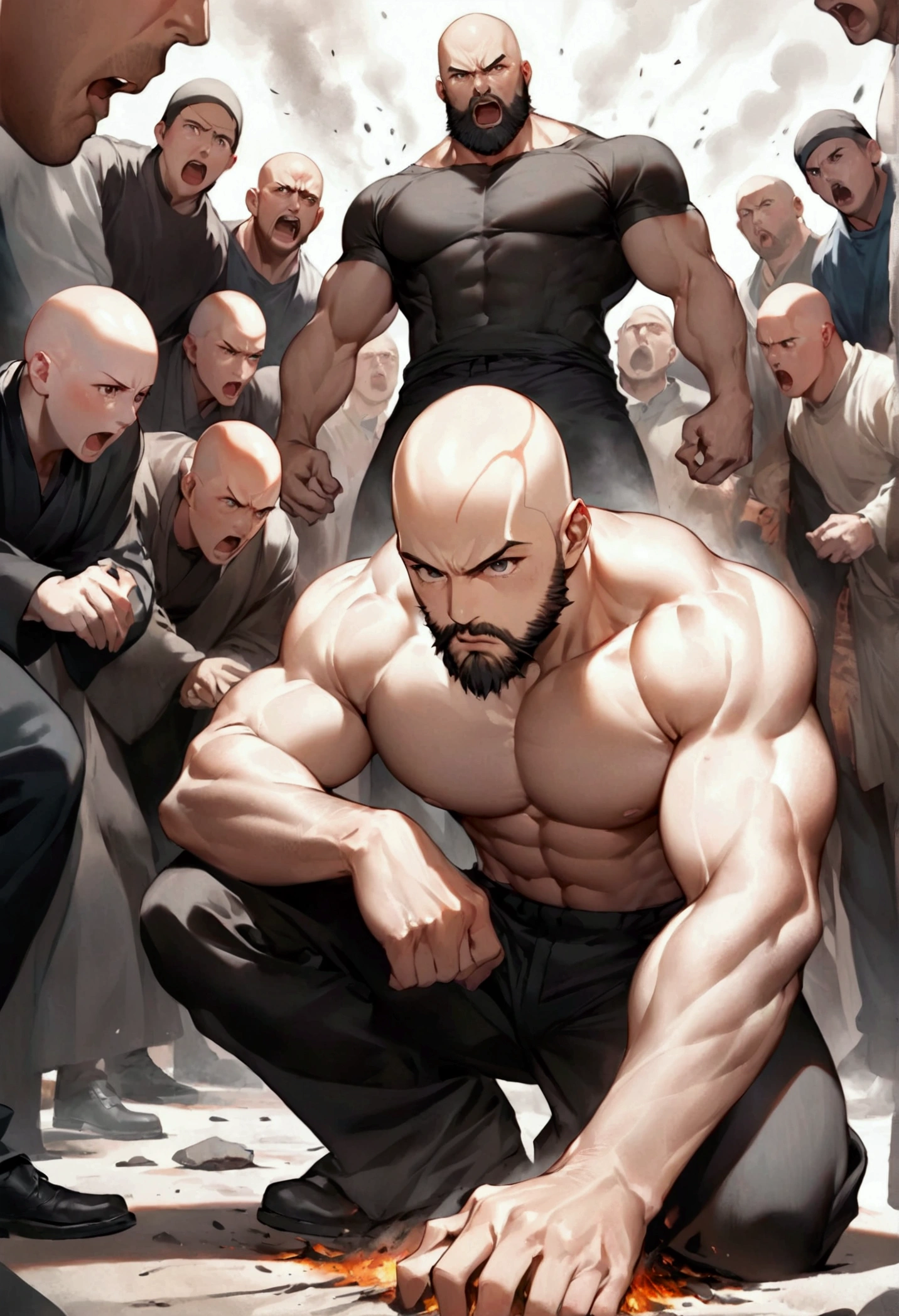 bald, with a neat beard, muscular man of 30 years old, serious concentrated face, rises from the ashes, rises from his knees, from all sides a crowd of different people men and women, shouting something at him condemning, focus on the man, shooting from below, oil painting