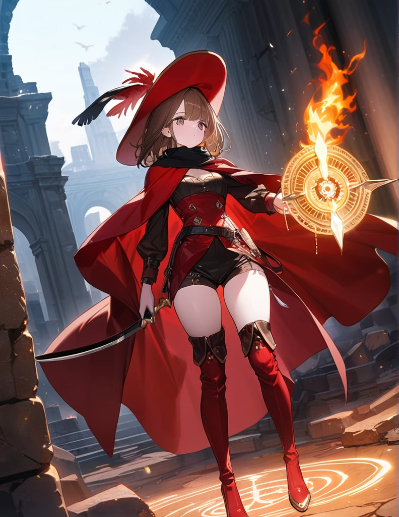 (One Woman),(Best image quality, 32K, masterpiece:1.3),((Brown medium hair:1.1)),(Swept-apart bangs,), (Cute eyes, Dark Eyes), (Detailed eyes),(Mole under right eye), (Standard weight), (Glowing Skin:1.1),(Pale skin:1.2),(A fantastic atmosphere),(look up),Ultra-high resolution, Textured skin, Sparkle Effect, whole body,absolute thigh area,

Red Musketeer Outfit,Red Musketeer Feathered Hat,Have a rapier,Cast magic,Put fire out of your hands,magic circle,Red Cape,Black scarf,Red, luxurious long boots,

Slanted Eyes, 

Ancient ruins,
