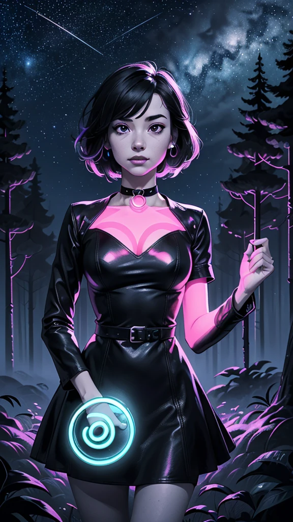 one girl, solo, slender body, fit body, (bust:1.3), (black eyes:1.3), black hair, (short hair:1.2), masterpiece, highly detailed, look at viewer, below view, (leather dress, choker:1.4), (long exposure starry sky with many circular orbits, many stars twinkling in a beautiful bright winter night sky, forest, fractal art, bright colors, colors mashing, complimentary colors, neon, compassionate, limited palette:1.3), expressing joy, (dark sky background, thunder, lightnings, electric:1.1)
