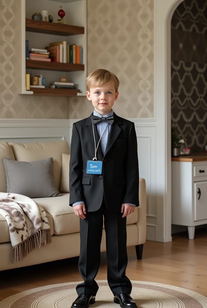 A young russian boy  is standing in the center of a living room, facing the camera with a neutral expression and a slight smile. He is dressed in an elegant black suit jacket with a single button and notched lapels, a buttoned blue and white checkered shirt, and a gray bow tie. A blue rectangular label with white text reading 'The Black Tux' hangs from a lanyard around his neck. His right hand dangles relaxed by his side, while his left hand rests on the blazer's button. The room has light beige walls with a subtle damask pattern, creating a warm atmosphere. To the left, there is a beige couch with a concrete-colored throw pillow and a white blanket with a marbled pattern in shades of brown, beige, and black draped over it. A rolled-up piece of fabric, likely carpet or wallpaper, leans against the wall next to the couch. Above the couch, shelves are filled with various items, including books, decorative objects, and small toys. A TV stand with a flat-screen TV, a black speaker, and other electronic devices is visible in the midground. On the right side of the image, an open doorway leads to another room where a white cabinet with two small doors and silver handles is visible. The walls in this adjacent room have a darker damask pattern, and a small mirror hangs above the cabinet. The lighting in the room is soft and even, providing a balanced illumination across the scene without harsh shadows. The overall composition focuses on the young man, who stands on a circular patterned rug, creating a formal yet homey atmosphere in the lived-in living space.