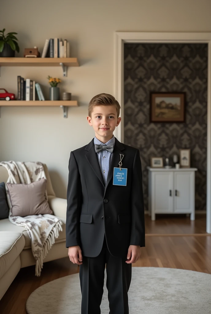A young russian boy is standing in the center of a living room, facing the camera with a neutral expression and a slight smile. He is dressed in an elegant black suit jacket with a single button and notched lapels, a buttoned blue and white checkered shirt, and a gray bow tie. A blue rectangular label with white text reading 'The Black Tux' hangs from a lanyard around his neck. His right hand dangles relaxed by his side, while his left hand rests on the blazer's button. The room has light beige walls with a subtle damask pattern, creating a warm atmosphere. To the left, there is a beige couch with a concrete-colored throw pillow and a white blanket with a marbled pattern in shades of brown, beige, and black draped over it. A rolled-up piece of fabric, likely carpet or wallpaper, leans against the wall next to the couch. Above the couch, shelves are filled with various items, including books, decorative objects, and small toys. A TV stand with a flat-screen TV, a black speaker, and other electronic devices is visible in the midground. On the right side of the image, an open doorway leads to another room where a white cabinet with two small doors and silver handles is visible. The walls in this adjacent room have a darker damask pattern, and a small mirror hangs above the cabinet. The lighting in the room is soft and even, providing a balanced illumination across the scene without harsh shadows. The overall composition focuses on the young man, who stands on a circular patterned rug, creating a formal yet homey atmosphere in the lived-in living space.