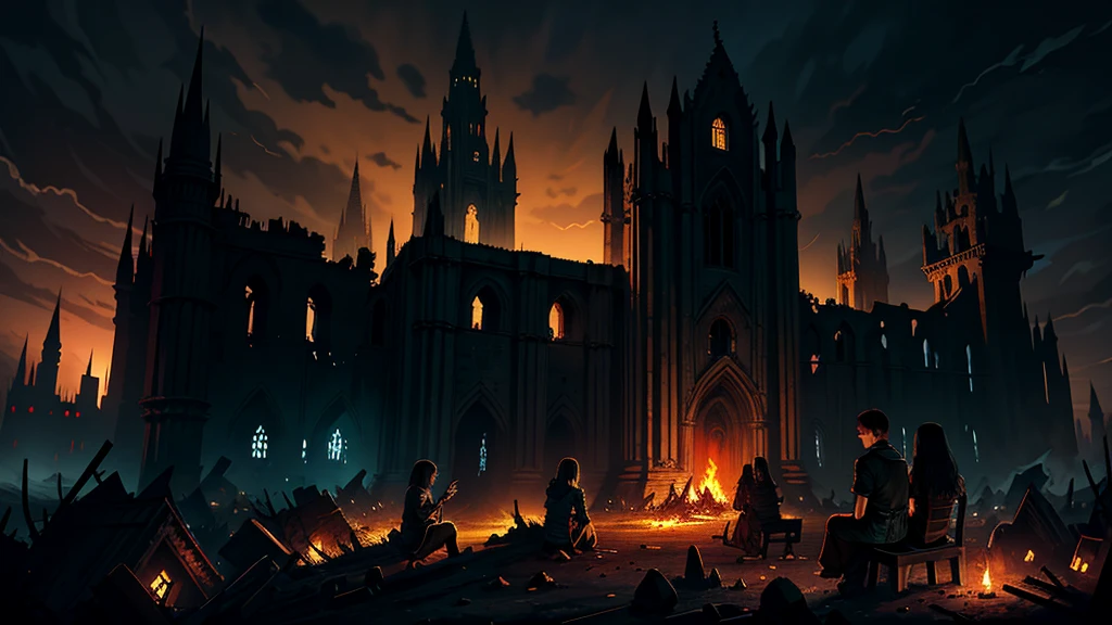 Dark art, dark fantasy art, deep lighting, dark lighting, (((night))), dark sky, highly detailed shadows, small group of travellers sits behind bonfire, massive ruins, abandoned ruins, highly detailed art, highly detailed