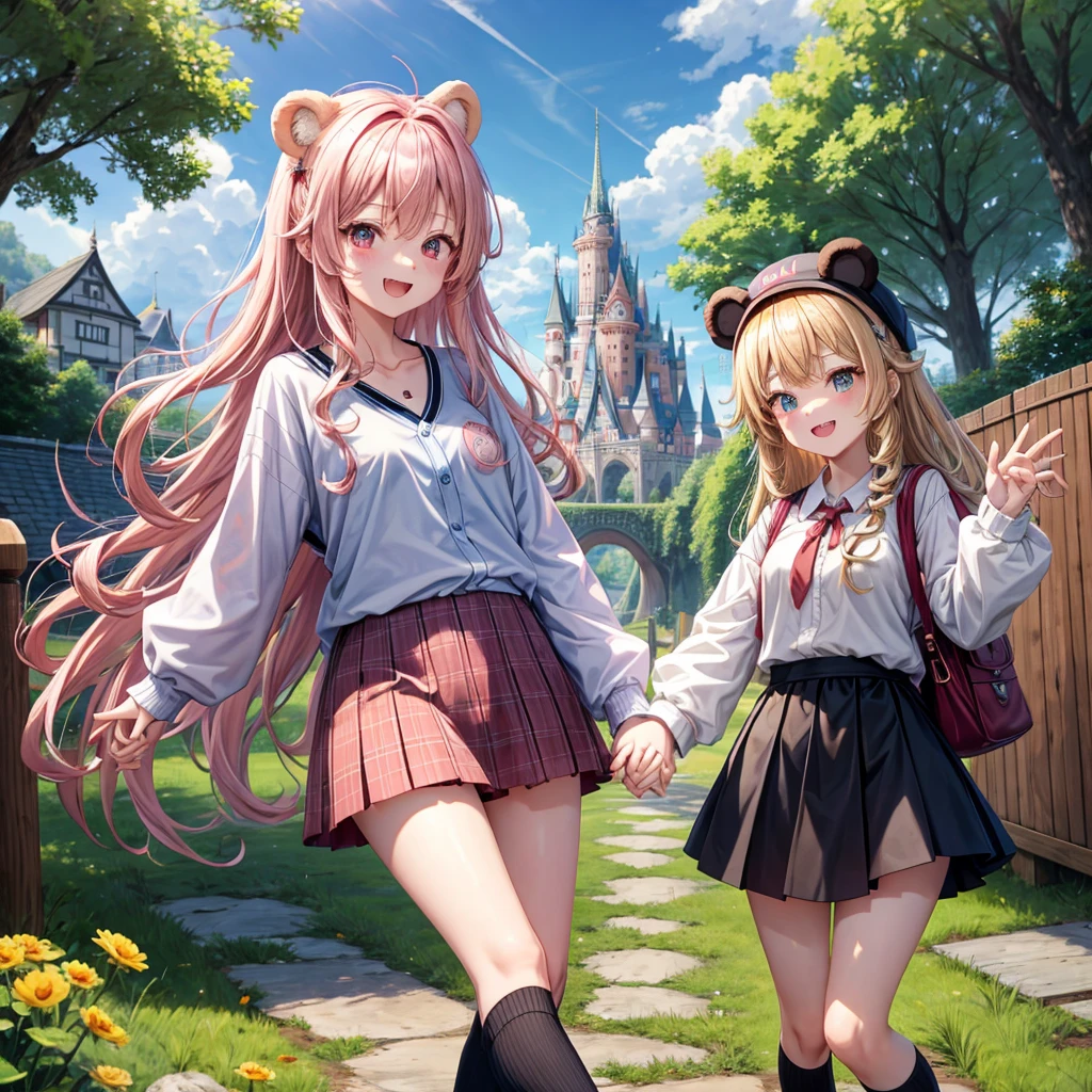 Pink Blonde、Red eyes、Wavy Hair、Hair tied up、Two cute、Checked mini skirt、black t-shirts、cardigan、Knee-high socks、bear ears baseball cap、Teeth are visible、Monster Castle、Tilting face、windmill、grass、Stones are growing out of the ground.、Holding hands with a teddy bear、In front of the city gates、Underground tunnels、Waterway、Wooden bridge