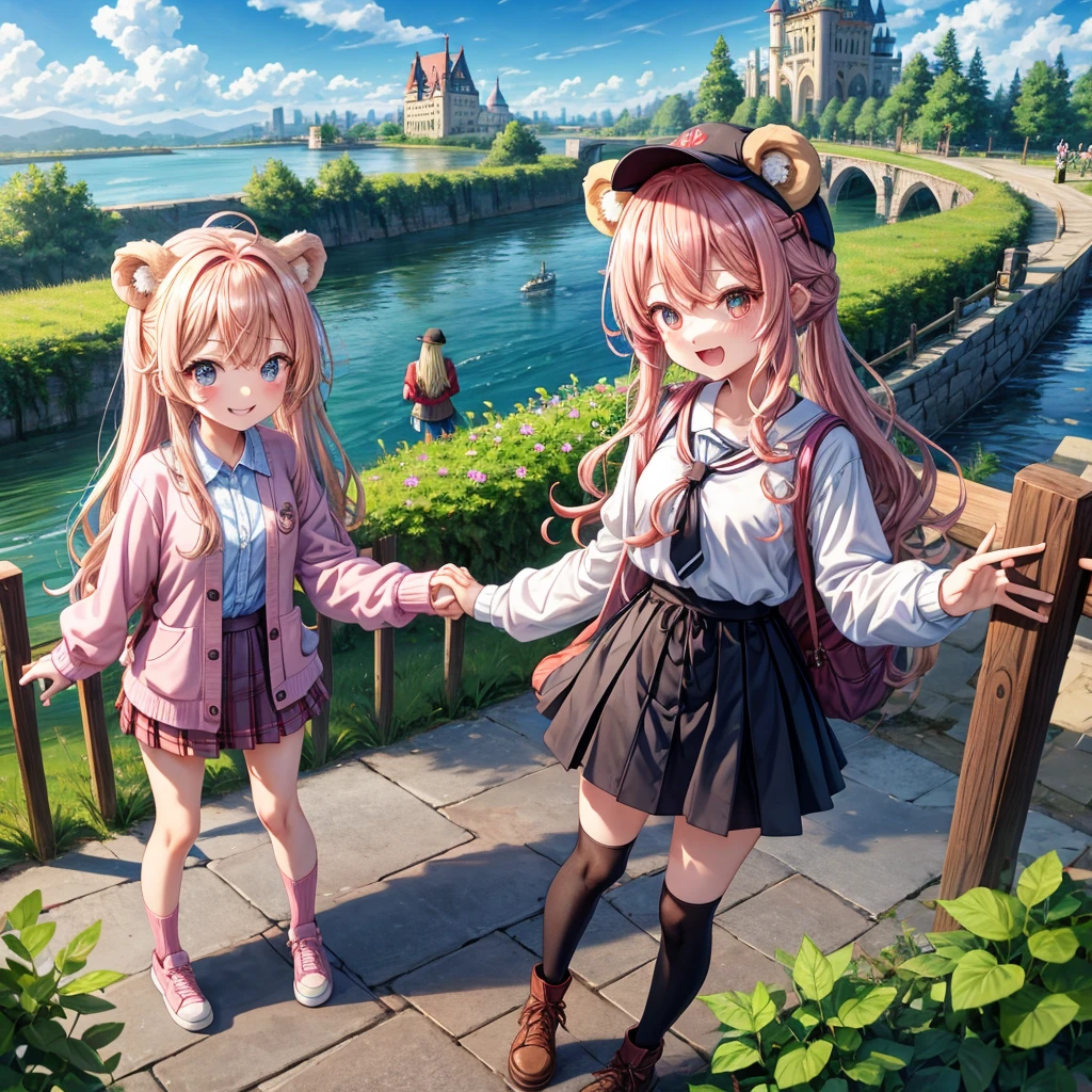 Pink Blonde、Red eyes、Wavy Hair、Hair tied up、Two cute、Checked mini skirt、black t-shirts、cardigan、Knee-high socks、bear ears baseball cap、Teeth are visible、Monster Castle、Tilting face、windmill、grass、Stones are growing out of the ground.、Holding hands with a teddy bear、In front of the city gates、Underground tunnels、Waterway、Wooden bridge