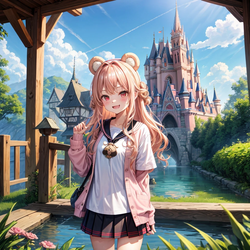 Pink Blonde、Red eyes、Wavy Hair、Hair tied up、Two cute、Checked mini skirt、black t-shirts、cardigan、Knee-high socks、bear ears baseball cap、Teeth are visible、Monster Castle、Tilting face、windmill、grass、Stones are growing out of the ground.、Holding hands with a teddy bear、In front of the city gates、Underground tunnels、Waterway、Wooden bridge