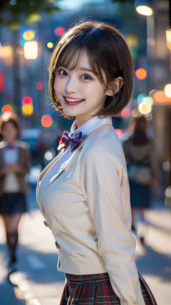 a beautiful girl with short hair, a beautiful girl with short hair, embracing each other, plaid skirts, a bow tie, winter blazer uniforms, big smiles, big laughs, best quality, 4k, 8k, highres, masterpiece:1.2, ultra-detailed, realistic, photorealistic, photo-realistic:1.37, HDR, UHD, studio lighting, ultra-fine painting, sharp focus, physically-based rendering, extreme detail description, professional, vivid colors, bokeh, portraits