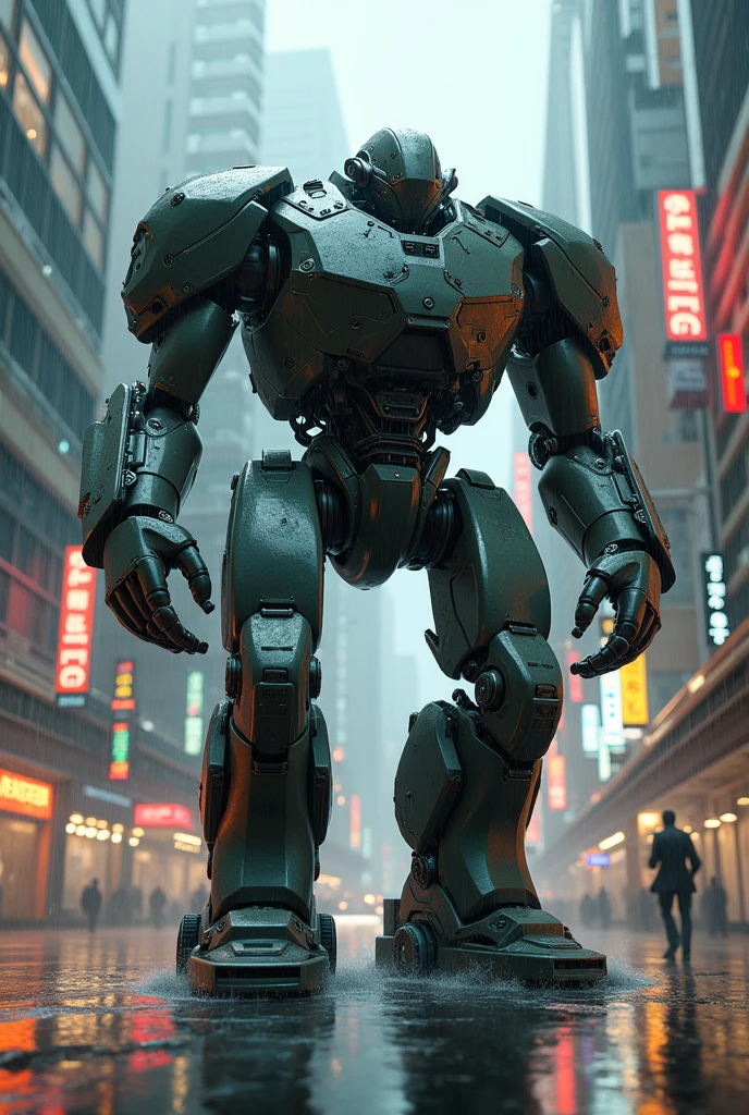robot,rain,cyberpunk,city,3d,si fi,look more bulk