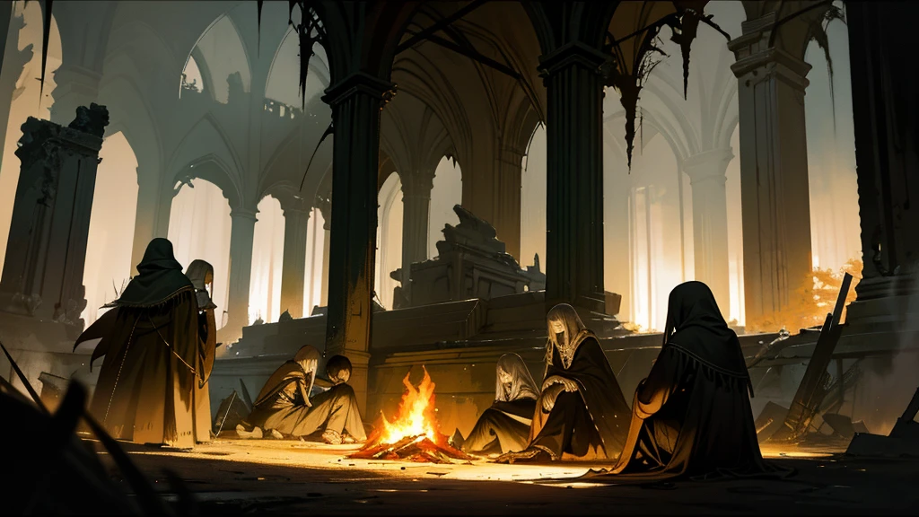 Dark art, dark fantasy art, deep lighting, dark lighting, (((night))), dark sky, highly detailed shadows, small group of travellers sits behind bonfire, massive ruins, abandoned ruins, highly detailed art, highly detailed