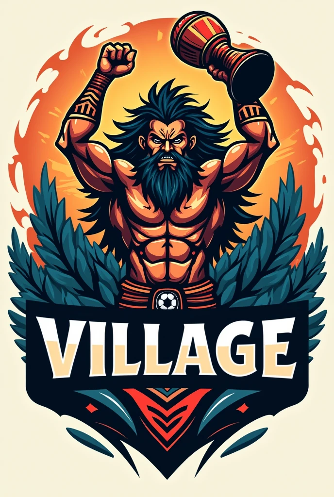 create a sports logo with the name "village" with a mascot Thunder God Tupã holding a trophy