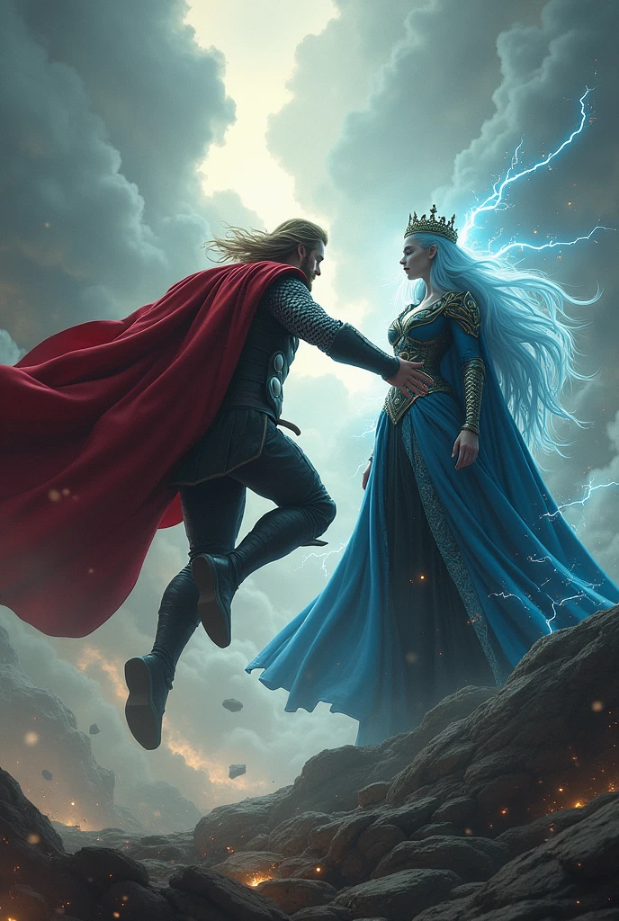 Make a full image of thor and hela, hela is standing and thor is flying an thor is coming to kill hela is with her crown