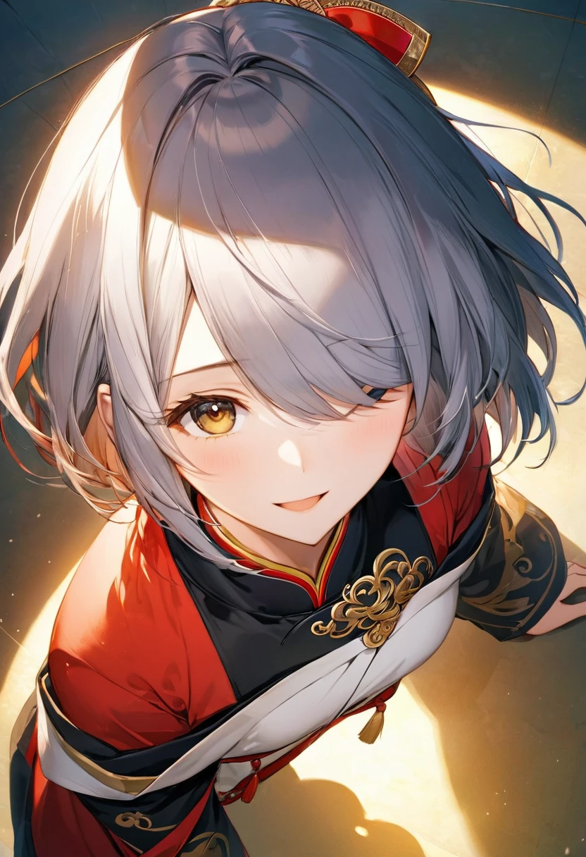 （（（完美shape，shape，Chinese clothing， （（（short hair，Hair covering one eye））），S型shape:1.7））），((masterpiece)),High resolution, ((Best quality at best))，masterpiece，quality，Best quality，（（（ Exquisite facial features，Looking at the audience,There is light in the eyes，Happy，Intertwining Light and Shadow，Huge ））），（（（Looking into the camera，From above，Looking down）））