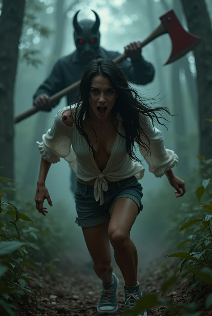 ultra realistic, photography, long black straight hair, messy hair, (30 years old, hazel eyes, hourglass figure, perfect fit body, natural big breasts), femme fatale, she is wearing a very ripped apart and torn white blouse with a plunging neckline, pushed down over her right shoulder, blood is on her blouse, there are bloodstains on her blue jeans, her sneakers are dirty, she gut cuts and scratches all over her, she is sprinting through the woods, she is screaming in absolute terror, she is very afraid for her life, a guy with a devils mask and a big bloody axe is running after her, extreme wide angle, dynamic shot, action shot