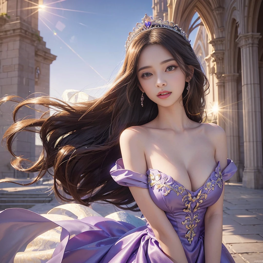 best quality, masterpiece, 1 girl, long hair, A huge laugh, cute , shiny lips, sweet, sun glare, Conservative attire, Disney Princess Rapunzel, Purple dress,  Bridal Tiara, depth of field, blurred background, Cathedral Background, light particles, strong wind, head tilt