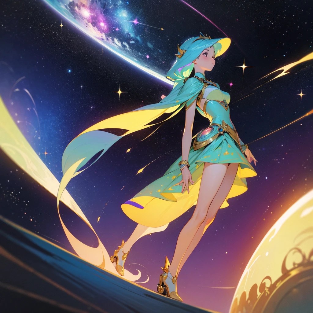 ((masterpiece, best quality, extremely detailed, absurdres)), Realistic style animated illustration.This is the garden of an intergalactic paradise called “Paradise Galaxy”. Beautiful alien women from all corners of the universe greet you. The focus is on one of the most radiant among them, an alien princess is wearing roller skates. In the background, twinkling stars and the vastness of space create the atmosphere of an extraordinary social event. The women are dressed in beautiful, sophisticated dresses, enjoying conversation, food and drink under the light of a distant galaxy. The illustrations focus on the beauty of the princesses and are rendered in a realistic animation style, with deep shading, intricate textures, and dramatic touches. The scenes evoke both the starry grandeur of galactic suffering and the enchanting garden parties of this paradise. --sexy, --Galaxy, --space princess, --realistic moe anime, --Alien Women, --welcome