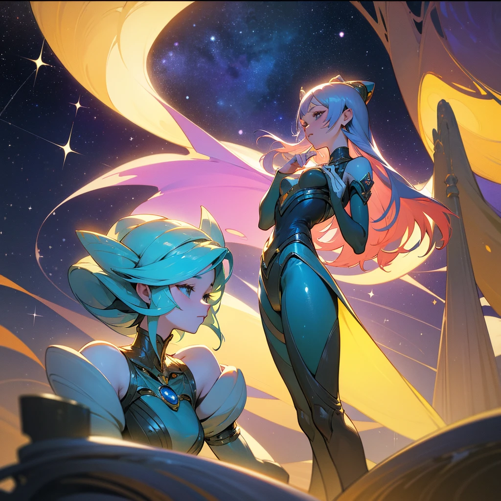 ((masterpiece, best quality, extremely detailed, absurdres)), Realistic style animated illustration.This is the garden of an intergalactic paradise called “Paradise Galaxy”. Beautiful alien women from all corners of the universe greet you. The focus is on one of the most radiant among them, an alien princess is wearing roller skates. In the background, twinkling stars and the vastness of space create the atmosphere of an extraordinary social event. The women are dressed in beautiful, sophisticated dresses, enjoying conversation, food and drink under the light of a distant galaxy. The illustrations focus on the beauty of the princesses and are rendered in a realistic animation style, with deep shading, intricate textures, and dramatic touches. The scenes evoke both the starry grandeur of galactic suffering and the enchanting garden parties of this paradise. --sexy, --Galaxy, --space princess, --realistic moe anime, --Alien Women, --welcome
