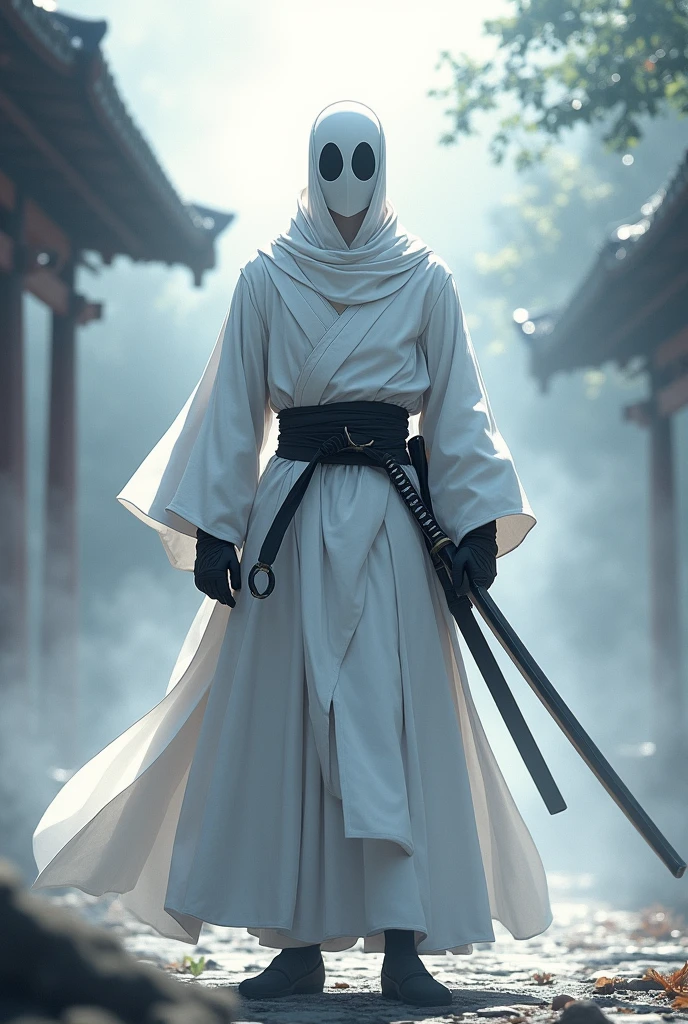 Anime style Warrior good physical shape without eyes with white Japanese ninja combat suit with white full mask with completely black eyes AND katana AND a shadow clone with eyes and long smile