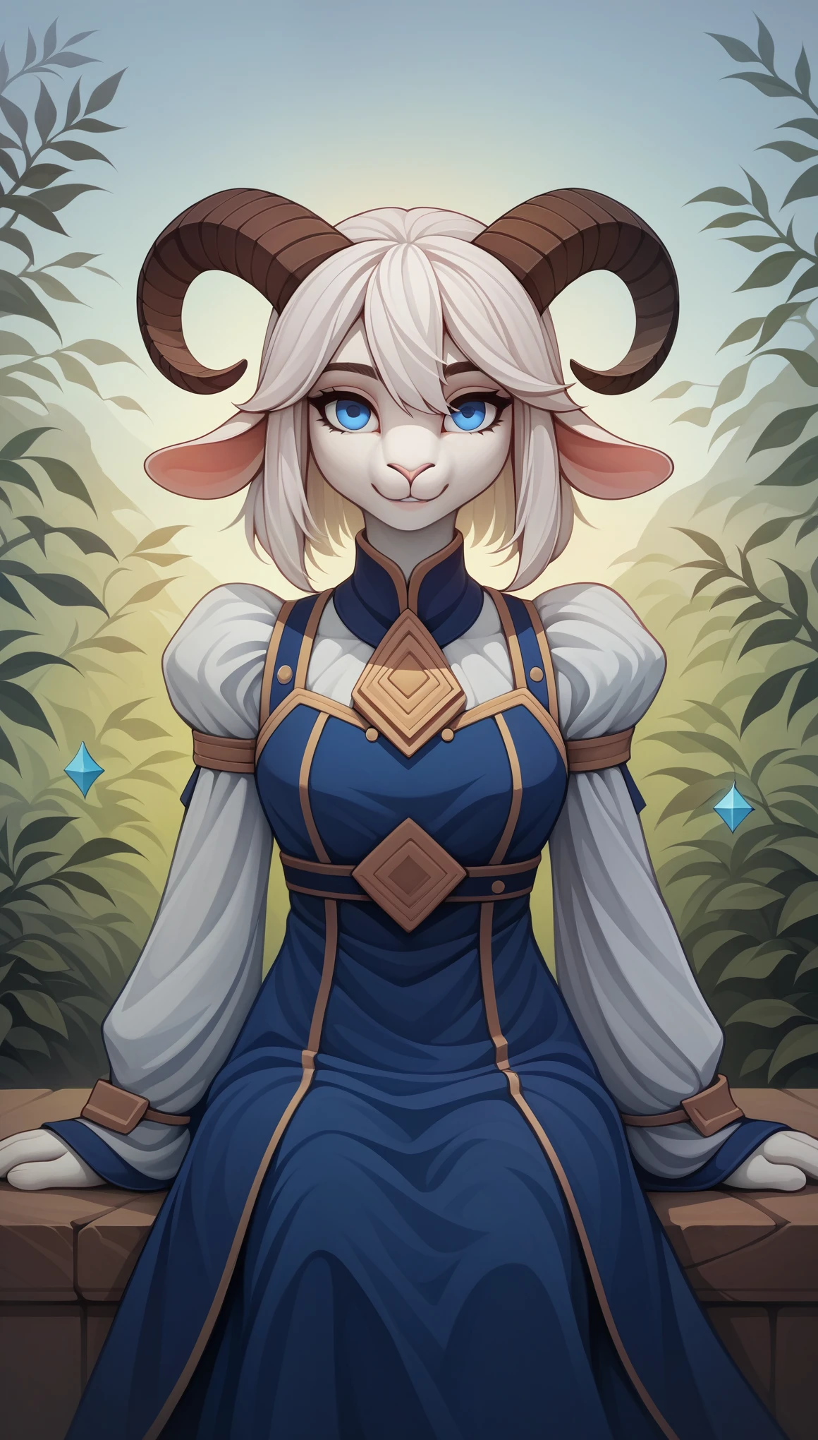 score_9, score_8_up, score_7_up, score_6_up, score_5_up, score_4_up, BREAK source_anime, [source_anthro], rating_safe, [rating_explicit],

solo, 1girl, white hair, blue eyes, goat horns, 
sitting, looking at viewer, light smile, upper body, 
masterpiece, best quality, very aesthetic, absurdres, wlsdnjs950, 

